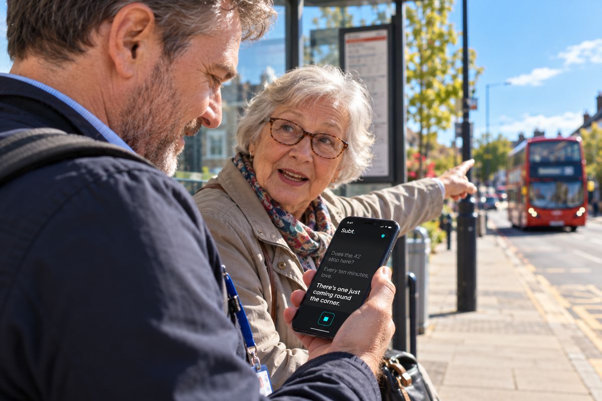 At a sunny bus stop, a man reads live captions on his phone while an older woman points up the road towards an approaching red bus.