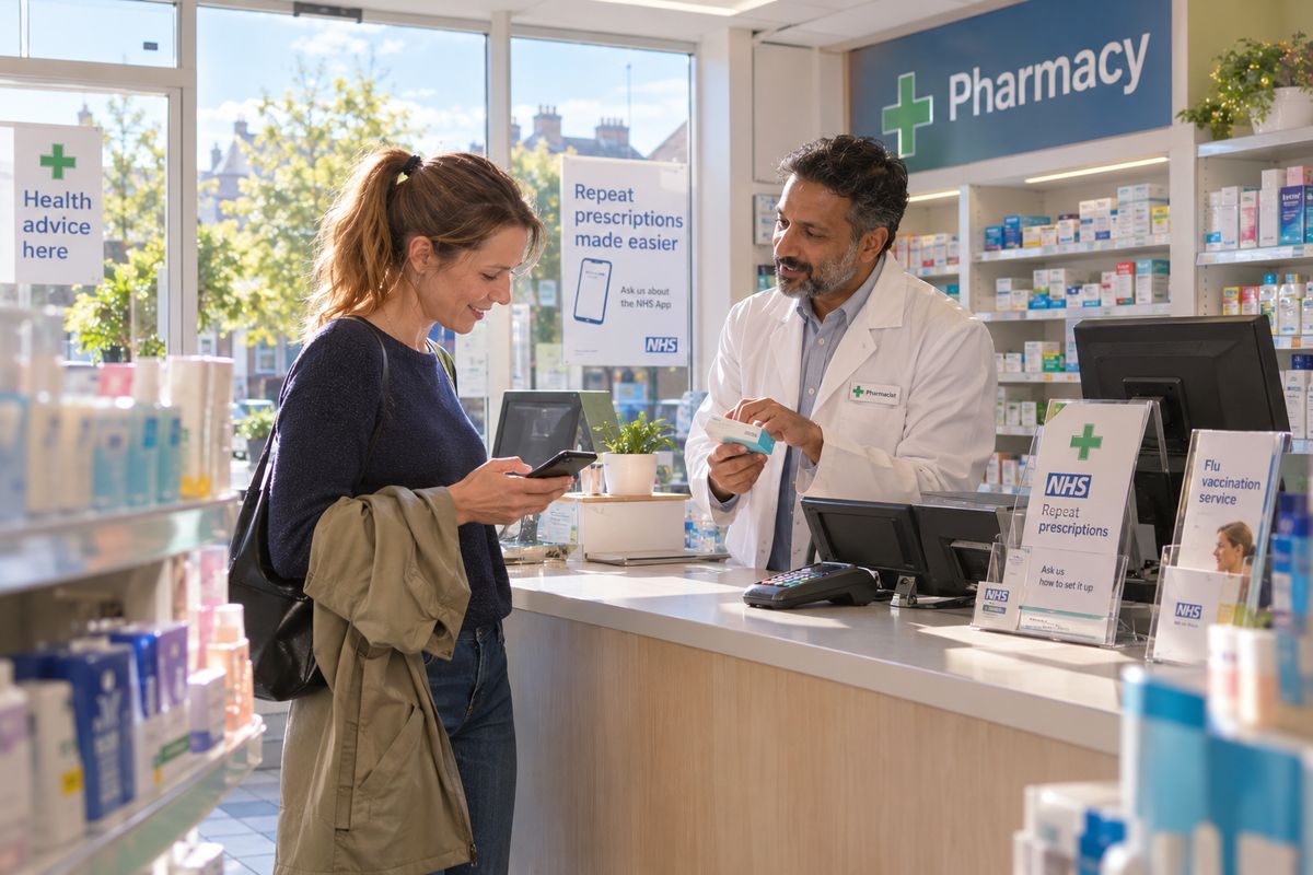 At the counter of a bright high-street pharmacy, a woman reads live captions on her phone as the pharmacist explains her medicine.