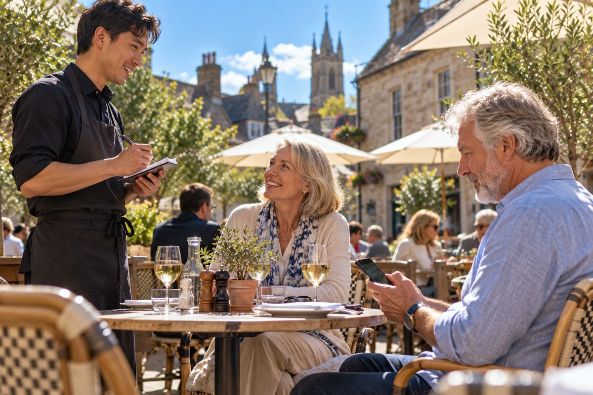 On a sunny restaurant terrace, an older man reads live captions on his phone as the waiter talks to him and his wife.