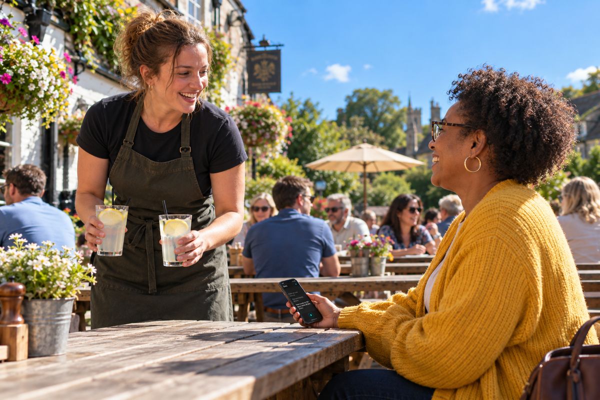 In a sunny pub garden, a woman reads live captions on her phone as a smiling bartender brings over two lemonades.