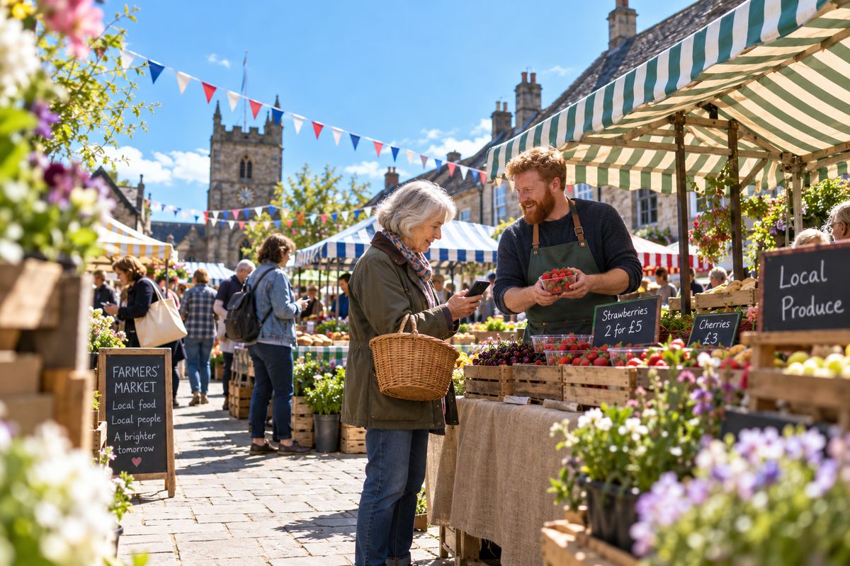 At a sunny farmers' market, an older woman with a basket reads live captions on her phone as a stallholder offers strawberries.