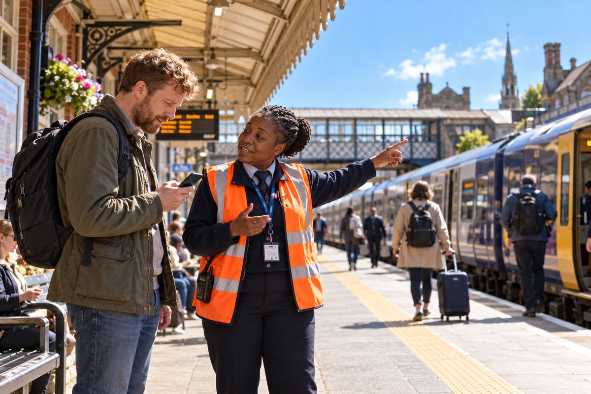 On a sunny railway platform, a man with a rucksack reads live captions on his phone as a station worker in hi-vis points to his train.
