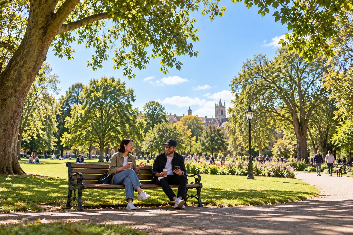 Two friends chat on a park bench in the sunshine, one following along with live captions on his phone.