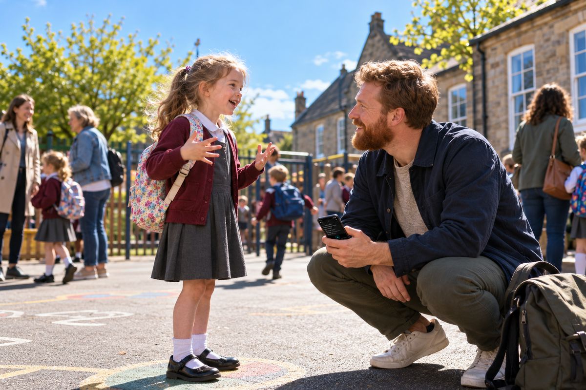 At school pick-up on a sunny playground, a dad crouches to listen to his daughter, his phone in his hand.