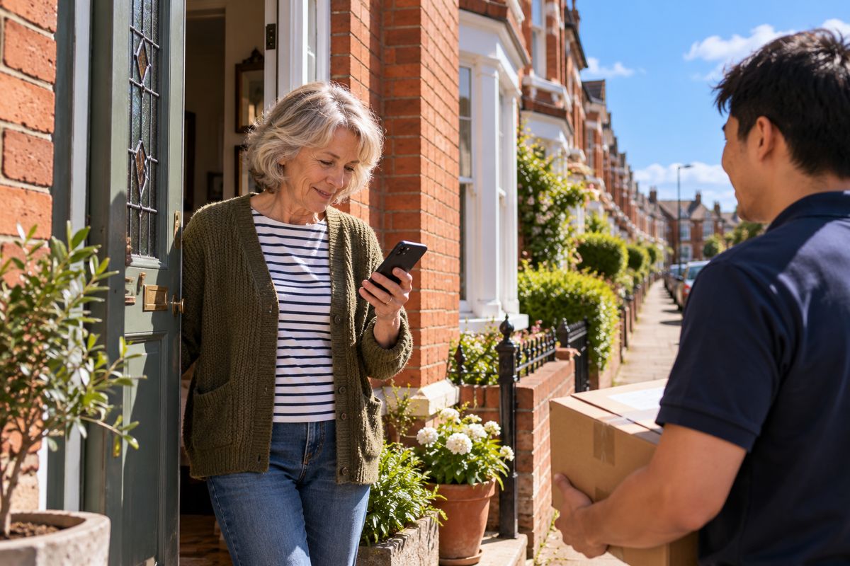 At the door of a red-brick terraced house, a woman reads live captions on her phone as a visitor talks to her on the step.
