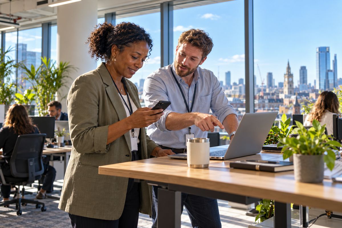In a bright office with city views, a woman reads live captions on her phone as a colleague explains something on her laptop.