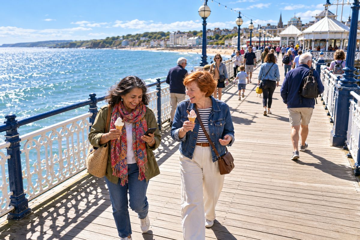 Two women walk along a sunny seaside pier with ice creams, one glancing at live captions on her phone as the other talks.
