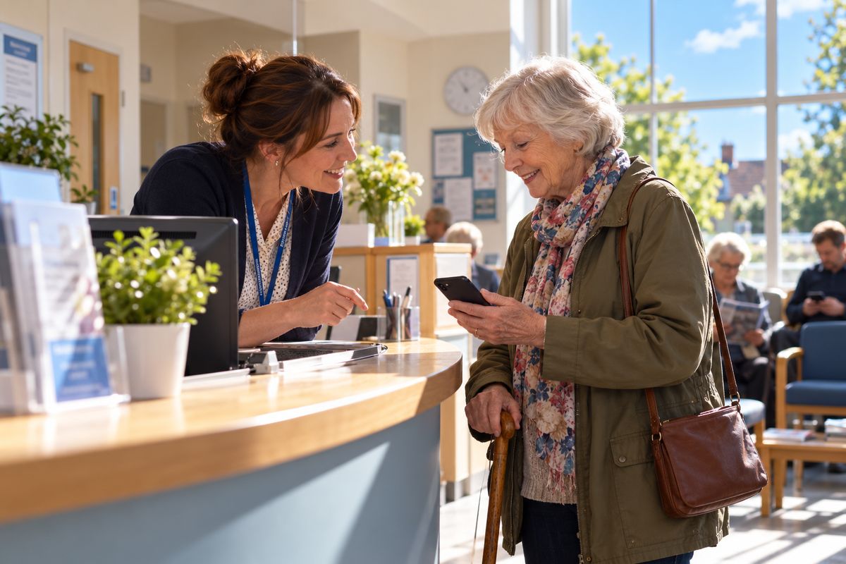 At a bright GP surgery reception, an older woman with a walking stick reads live captions on her phone as the receptionist speaks.